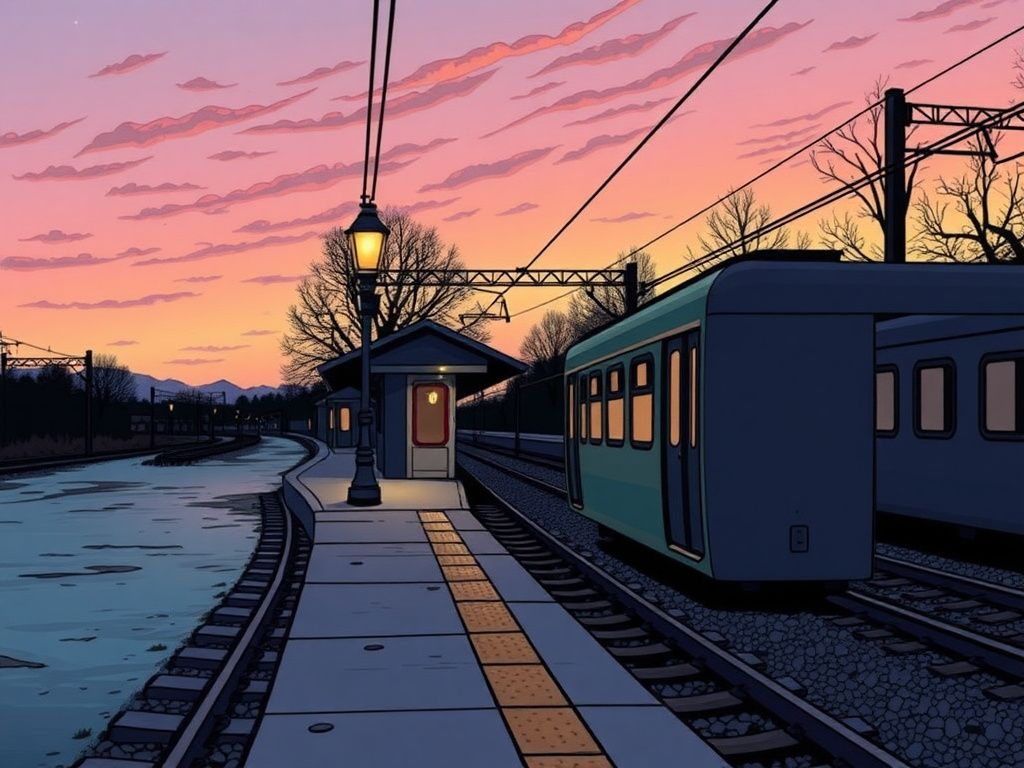 Literary comic cover with a quiet train station at dusk