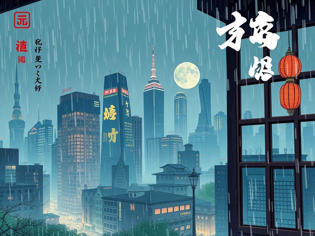 Chinese romance comic cover with a rainy city window